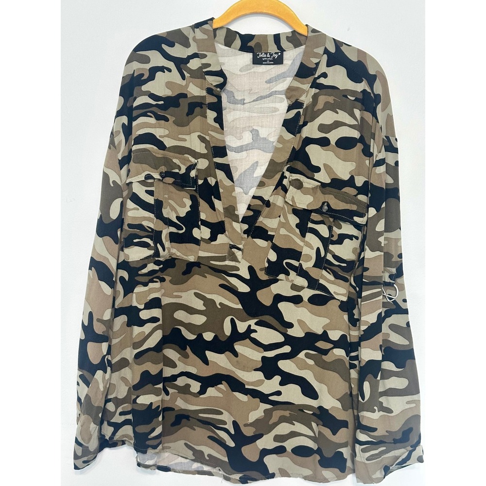 Jolie & Joy Womens 2X Camo V-Neck Pullover Blouse Roll Tab Sleeve X4M0172W